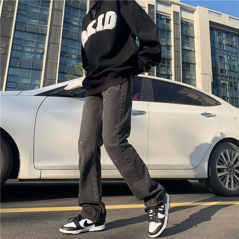 美式高街vibe风刺绣牛仔裤男ins潮牌嘻哈直筒微喇叭长裤NA17P50图片