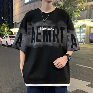 假两件短袖t恤男生夏季薄款字母印花潮牌宽松大码青少年半袖衣服图片