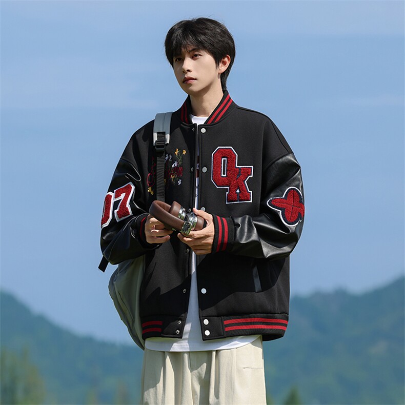 JK5872-P85 美式拼接刺绣皮质撞色棒球服飞行员夹克外套 控149图片