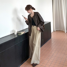 秋装新款皮衣外套休闲宽松版圆领袖口拼接格-2d075-p175-k235，女装皮衣，2D075