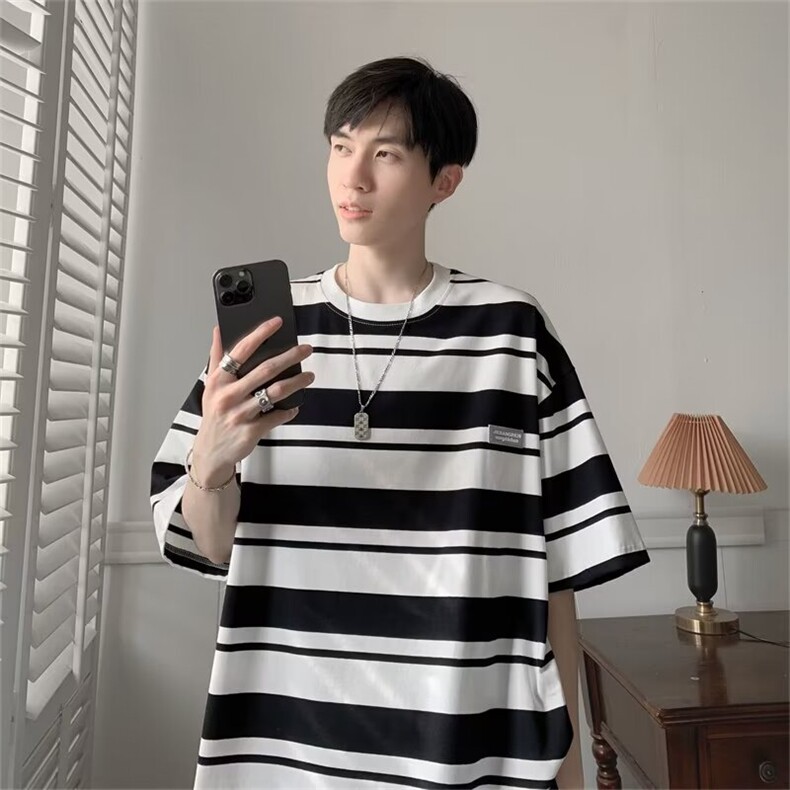 条纹T恤男士短袖韩版潮流拼色夏季百搭2024宽松ins体恤ST405-P33,男装T恤,星座412-3