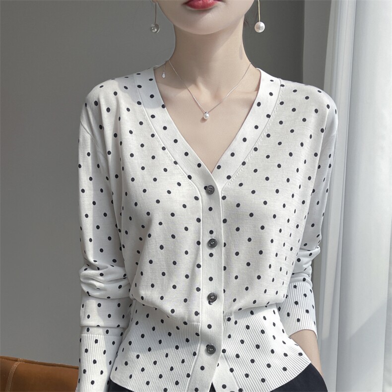 100%莱赛尔天丝针织长袖开衫女V领波点拼色毛衣气质宽松外搭上衣,针织衫/毛衣,凯思米羊绒