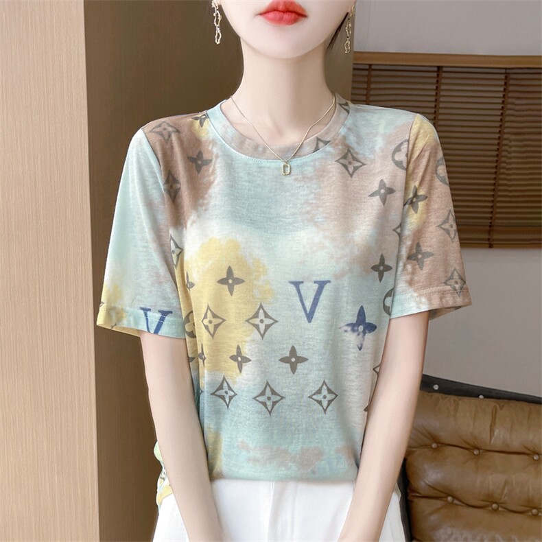 短袖t恤女夏季简约圆领宽松简约百搭花色打底女上衣,针织衫/毛衣,绒宛羊绒