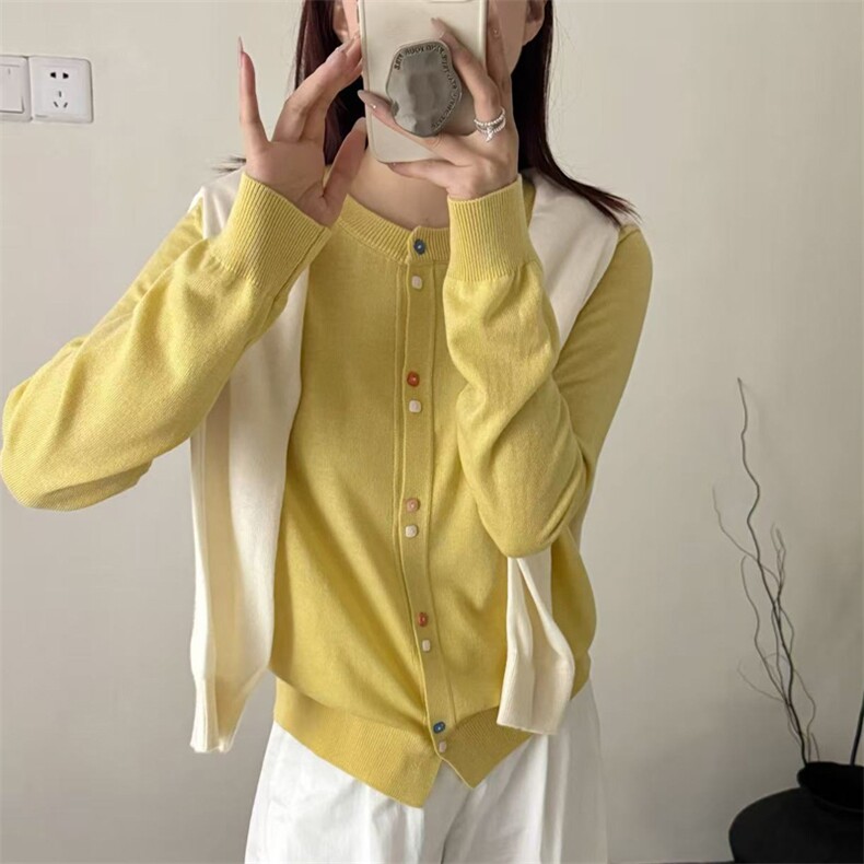 圆通精仿羊毛针织开衫女彩扣春秋优雅气质毛衣显瘦外套高级感上衣,女装羊毛衫,九嘉羊绒
