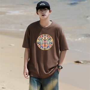 X1男女休闲新中式印花圆领半袖五分袖T恤衫大码TEE