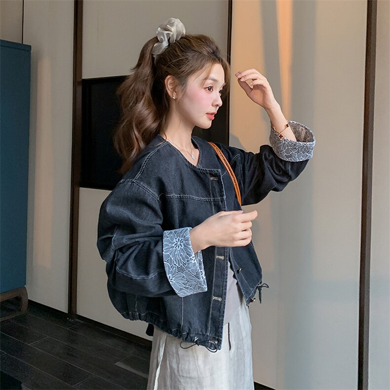 蕾丝拼接短款牛仔外套女春秋2025新款小个子夹克上衣流行爆款气质,女装短外套,2C087