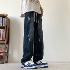 S-3XL夏季薄款冰丝裤直筒宽松破洞牛仔裤310A-2BK312p55控78，男装牛仔裤，星座310A-2