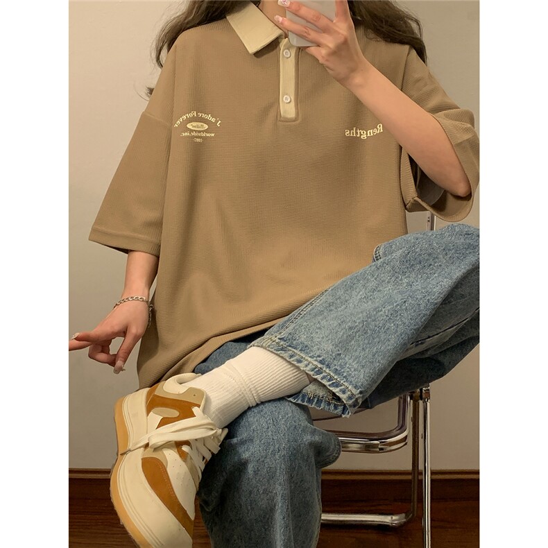 港风2024中性夏装宽松polo衫翻领男女情侣装夏季短袖T恤S187-P48,男装Polo衫,电商A233-1
