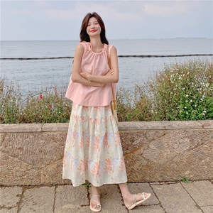 蝴蝶结系带背心上衣清新印花半身裙套装女2025年夏季氛围感两件套图片