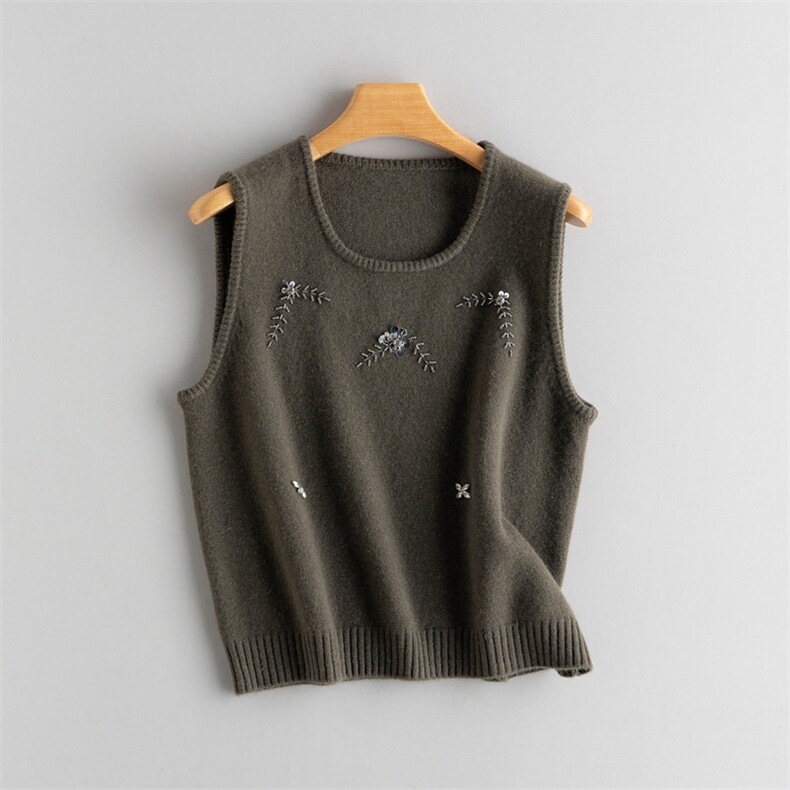 2025年秋季圆领常规百搭U领镶钻马甲，女装马甲，江帆羊绒