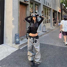 美式单排扣拼接撞色褶皱牛仔裤男女新款宽松拖地阔腿裤子AN63，男装牛仔裤，星座516A