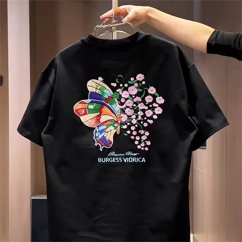2025夏季款潮流时尚变色蝴蝶刺绣T恤男士圆领半袖休闲曼巴棉短袖,男装T恤,电商B212（原钱塘6029）