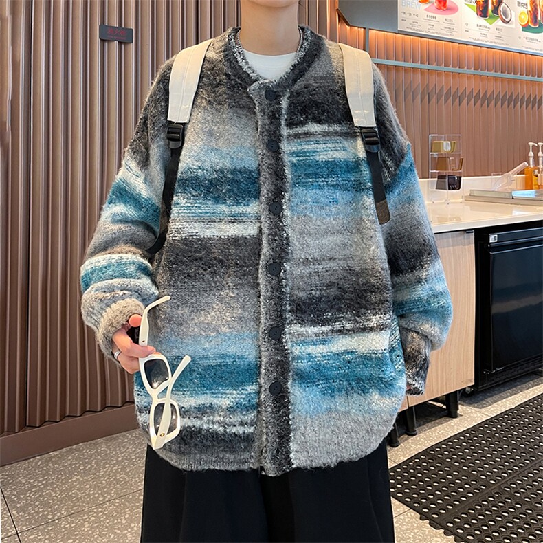 高品质秋款男开衫毛衣条纹拼色针织衫单排扣渐变扎染外套M321P70,男装针织衫/毛衣,星座1013-1