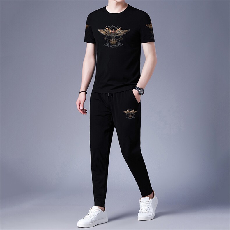 男士夏季短袖T恤套装休闲运动服百搭时尚长裤冰丝薄款俩件套男潮图片