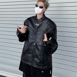 立领高级感机车皮衣男春秋短款垫肩夹克宽松飞行外套潮牌Y158/P95图片