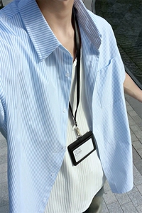 夏季条纹短袖衬衫男潮牌宽松休闲翻领衬衣外套DC2237-特价P26图片