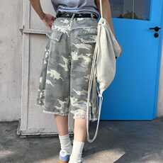 迷彩石磨毛边七分裤美式破洞工装裤阔腿短裤痞帅潮，男装牛仔裤，星座410-7