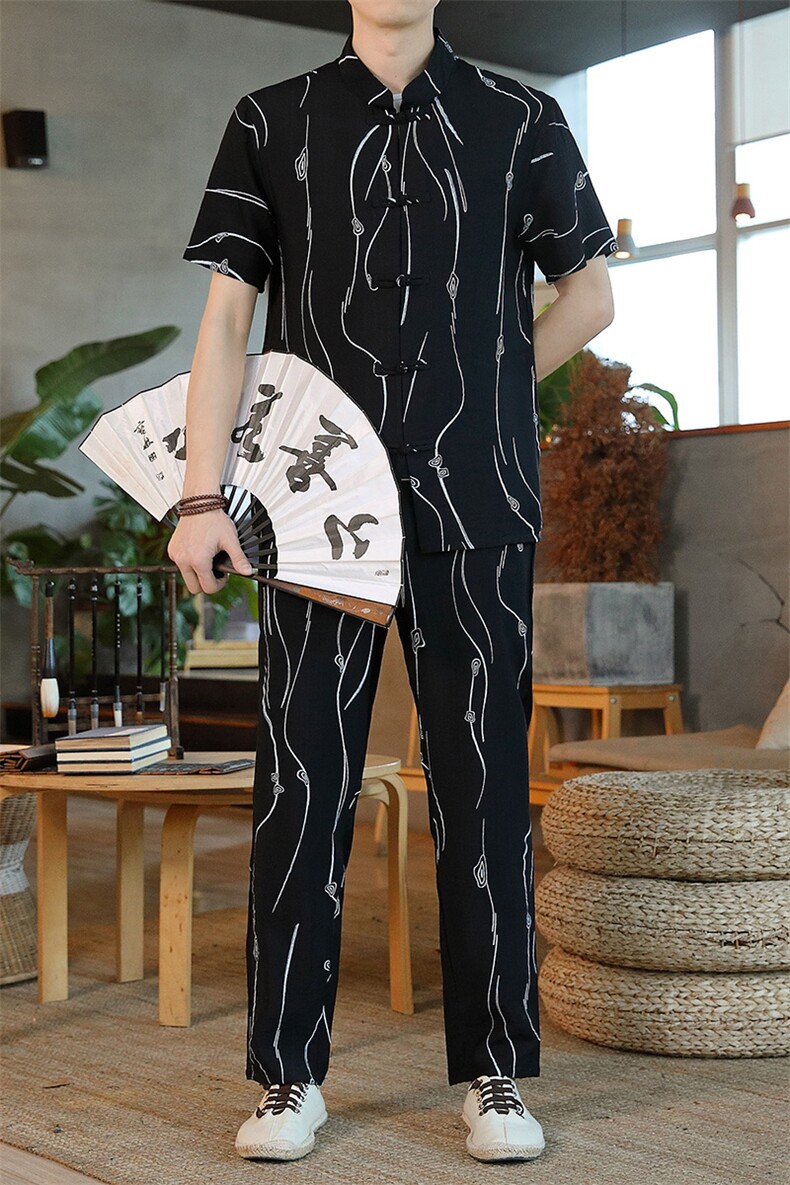 风套装男士夏季冰丝短袖复古风唐装汉服中式居士服HO6930-P65,男装T恤,星座1105-3