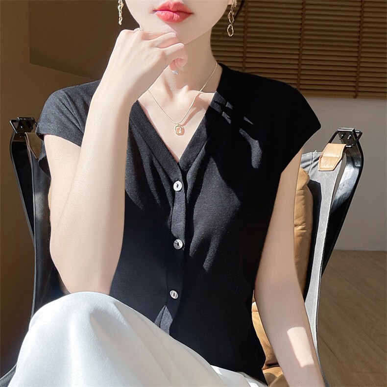 v领新款针织女无袖纯色简约百搭宽松套头上衣内开衫,针织衫/毛衣,绒宛羊绒