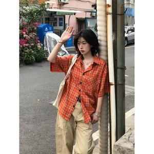 多巴胺穿搭短袖衬衫男款夏季青少年橙色格子美式休闲半袖防晒衬衣图片