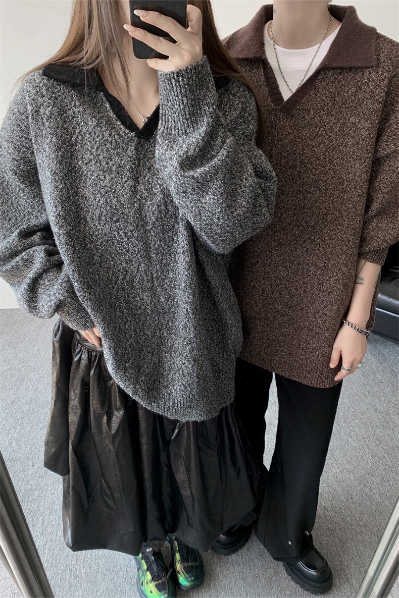 现货MY7153-特P65高密老钱风小翻领毛衣男女宽松polo领大码针织衫,男装针织衫/毛衣,电商A059