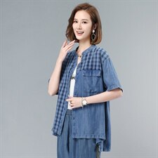 2021夏季新款时尚气质拼接水洗牛仔短袖衬衫，女装衬衫，叶笙衣