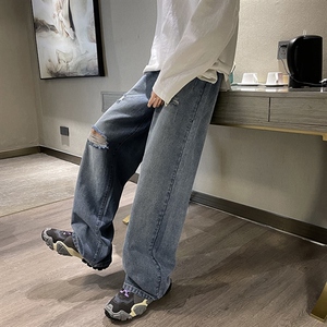 春新款男女高街破洞宽直筒个性潮牌牛仔裤长裤子NZ018 批45 控68图片