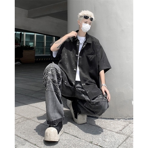 夏季新中式金属扣小众衬衫男款潮短袖设计感宽松上衣CS4549-P45图片