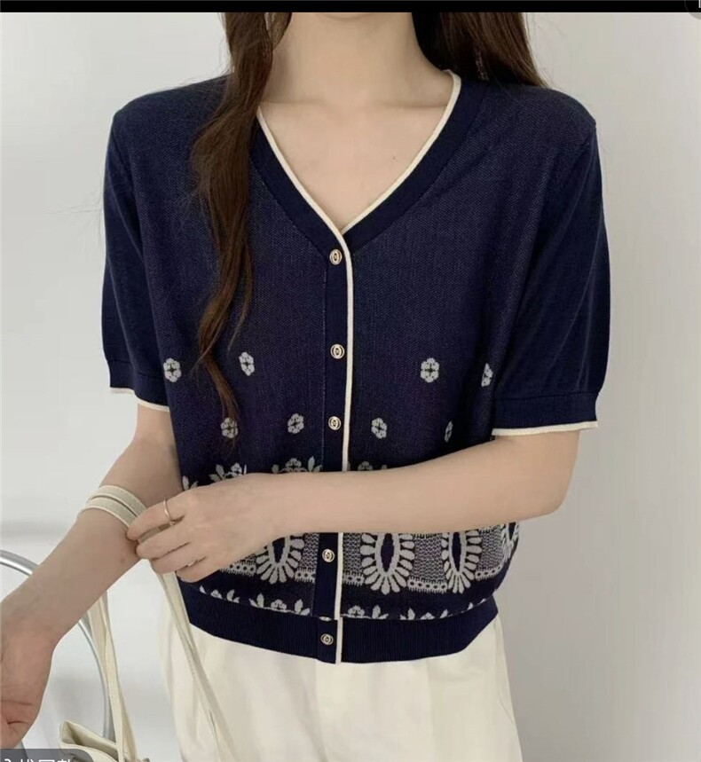 V领拼色100%莱赛尔天丝针织短袖开衫女宽松休闲五分袖T恤打底上衣，女装针织衫/毛衣，天佑贝依