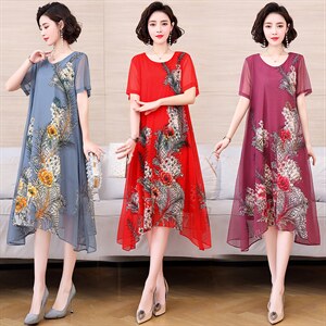 2021夏大码女装新款简约时尚优雅气质圆领舒适中国风3D印花连衣裙图片