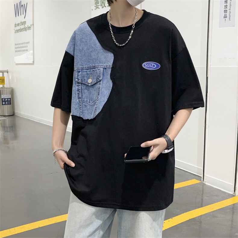情侣装夏季小众设计感牛仔拼接潮流短袖女T恤男上衣T073-P28,男装T恤,星座308B-1