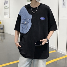 情侣装夏季小众设计感牛仔拼接潮流短袖女T恤男上衣T073-P28，男装T恤，星座308B-1