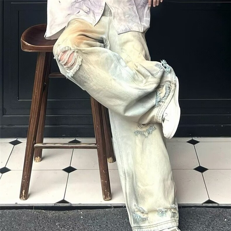 美式高街复古做旧水洗黄泥牛仔裤男女新款废土风破洞拖地长裤潮牌,男装牛仔裤,星座516A