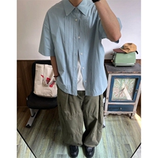 超好看褶皱衬衫2026夏季新款设计感小众宽松休闲百搭短袖衬衣潮，男装衬衫，星座601-1