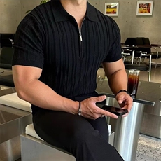 冰麻拉链针织Polo衫复古通勤商务针织短袖体恤PL99/P58，男装Polo衫，电商A243