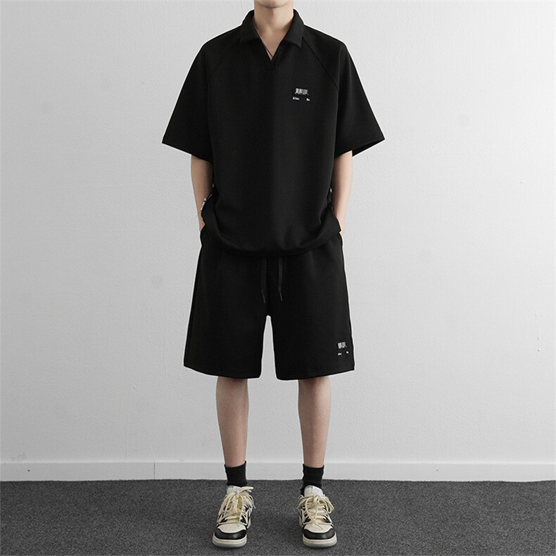 针织套装男夏季美式高街短袖polo短裤两件套装潮图片