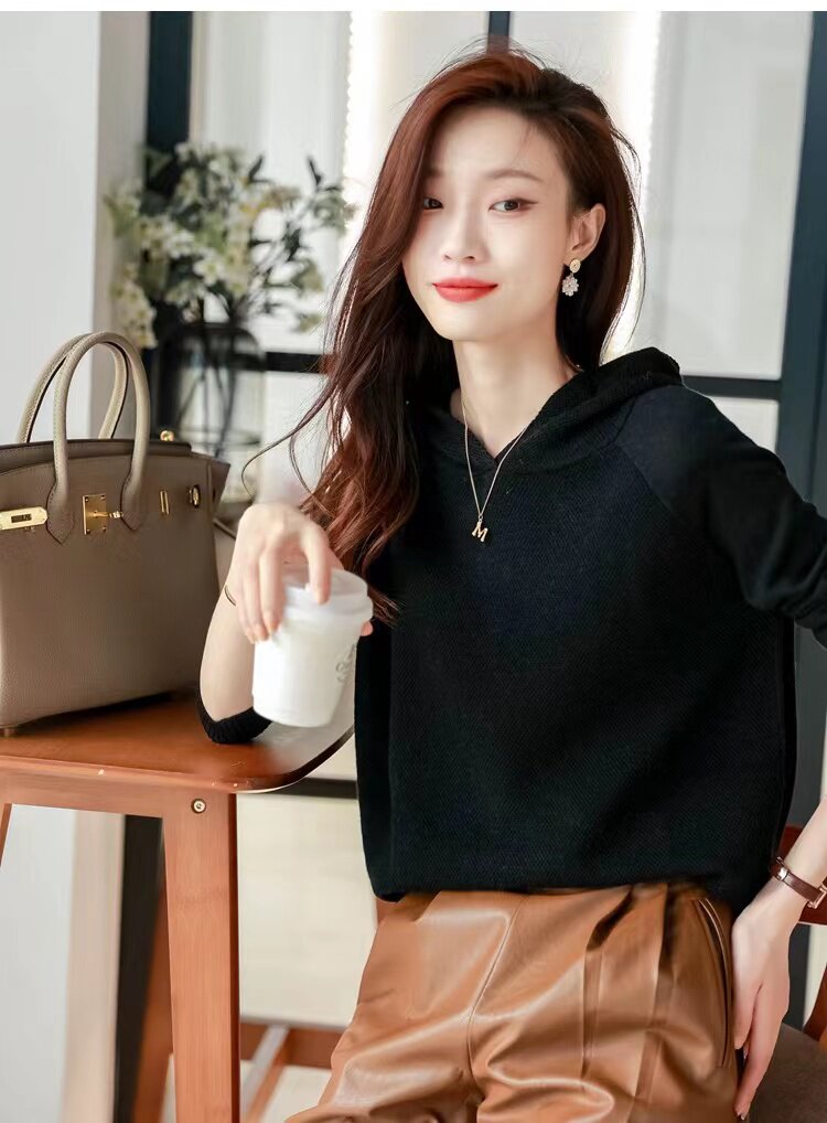 新款春秋宽松休闲连帽卫衣女韩版针织打底帽衫内搭毛衣,针织衫/毛衣,半城羊绒