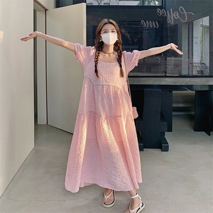 绝美奶fufu粉色泡泡袖方领连衣裙女夏2025新款小清新宽松仙女长裙图片
