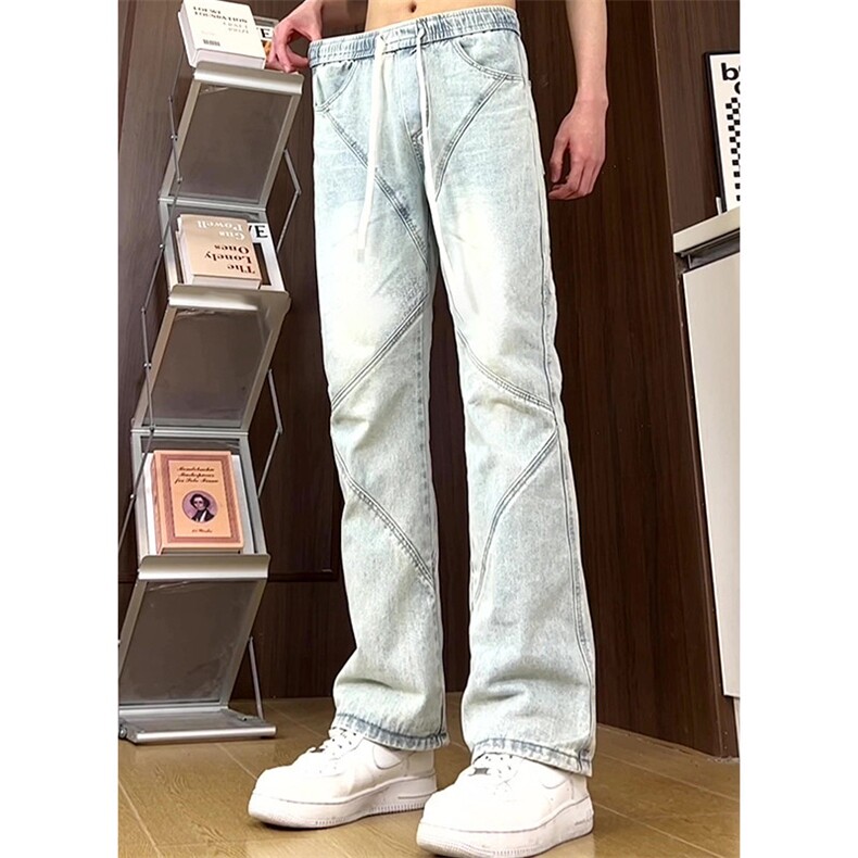 美式高街设计感拼接牛仔裤男潮牌宽松水洗做旧阔腿裤K505批60控78，男装牛仔裤，星座218-5