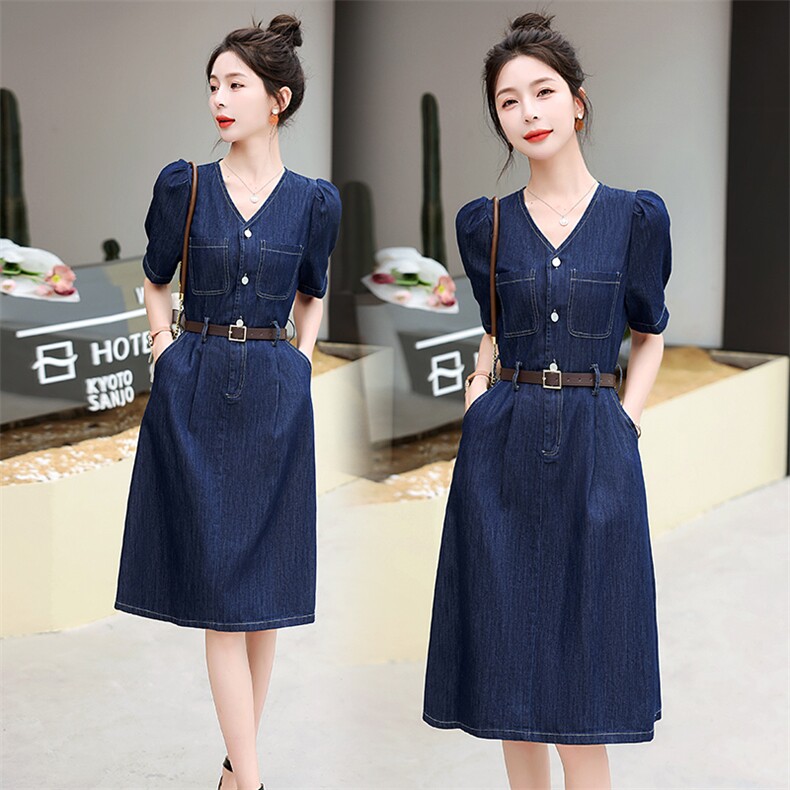 小个子牛仔连衣裙女夏季薄款2024年新款v领收腰显瘦腰带别致裙子，女装连衣裙，曼琳思菲