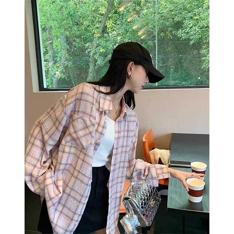 TC625-p45韩系chic格子衬衫女叠穿遮肉显瘦长袖衬衣外搭上衣ins，女装衬衫，星座617A-2