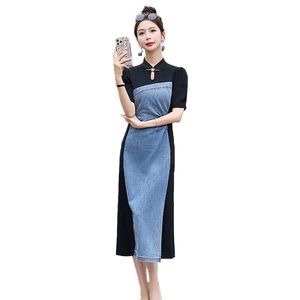 优雅气质收腰显瘦连衣裙女夏季牛仔拼接设计感小众裙子2025新款潮图片