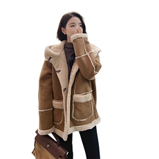 卡其色连帽加厚皮毛一体外套2C032877P185K268，女装棉衣/棉服，2C032