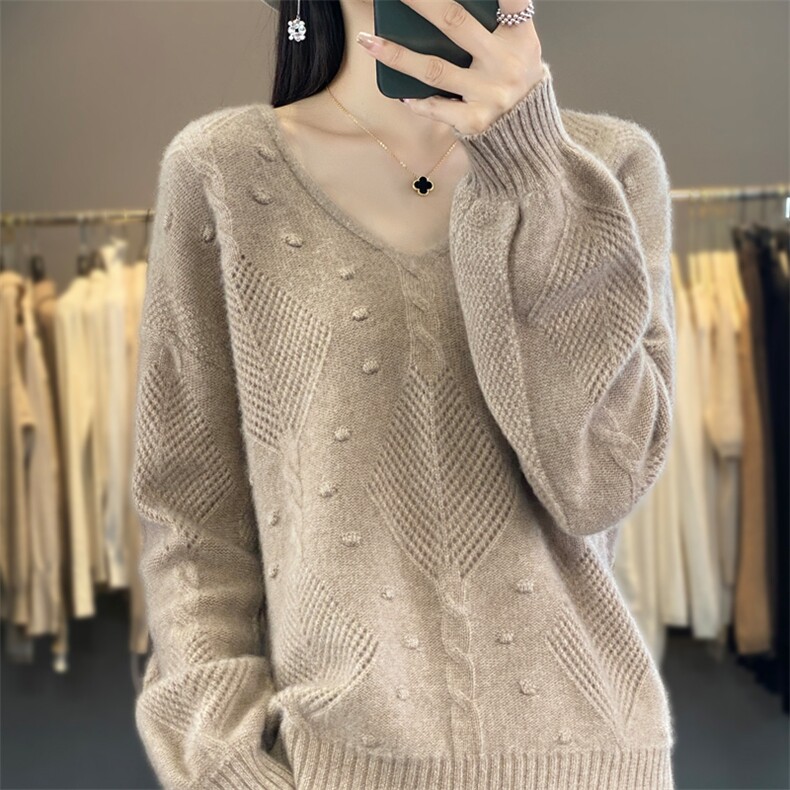 25新款100%纯羊毛衫女V领镂空提花宽松针织衫显瘦羊绒衫打底毛衣,女装羊毛衫,迅太羊绒