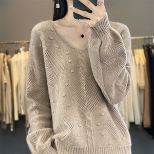 25新款100%纯羊毛衫女V领镂空提花宽松针织衫显瘦羊绒衫打底毛衣图片