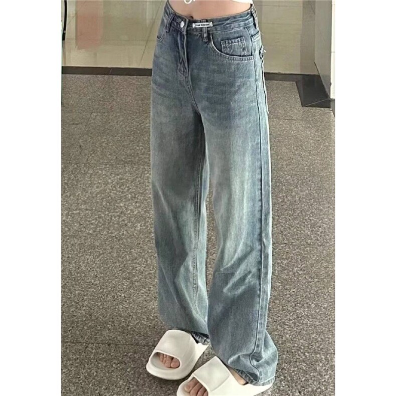 复古小个子阔腿牛仔裤女夏季新款设计感高腰窄版宽松显瘦直筒长裤图片