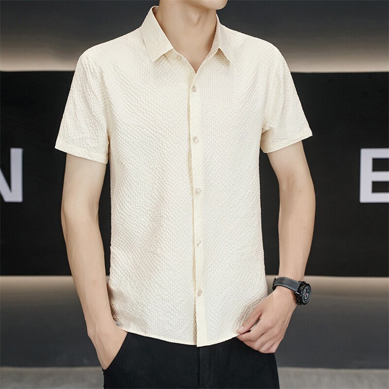 夏季翻领短袖抗皱免烫泡泡格衬衫纯色男士休闲时尚衬衣N7999-P25,男装衬衫,星座310B-3