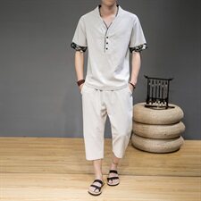 2021中国风夏季亚麻短袖套装男大码棉麻两件套QT6005-TZ06-P65，男装套装，星座1112-5（原712-5）