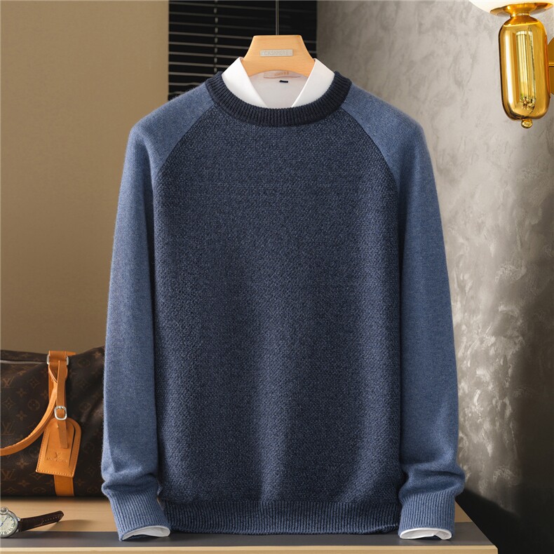 2025秋冬白u的时尚简约男士拼色圆领羊绒衫，男装羊绒套衫，鲁菏羊绒