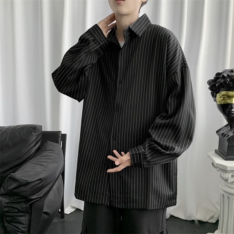 条纹衬衫外套男港风日系休闲宽松衣服潮流黑色男士衬衣W1161-P35,男装衬衫,星座512-2